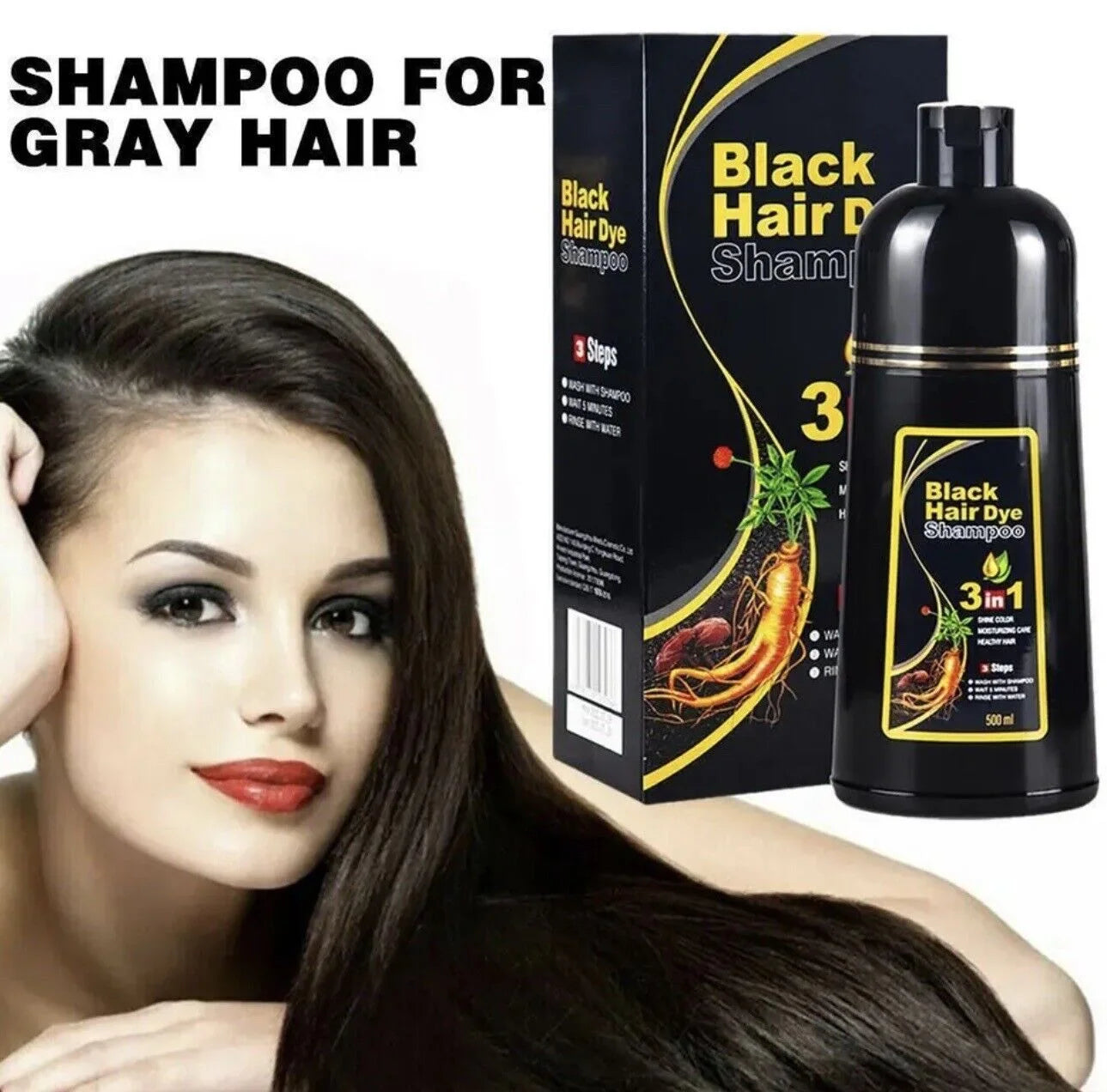 Black Instant Hair Color Shampoo for Gray Hair - Easy Hair Dye Shampoo 3 in 1- 100% Grey Coverage - Herbal Coloring in Minutes for Women & Men