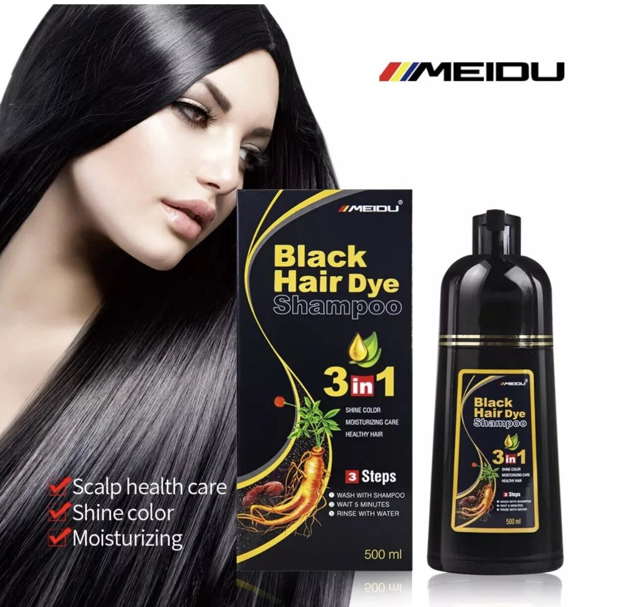 Black Instant Hair Color Shampoo for Gray Hair - Easy Hair Dye Shampoo 3 in 1- 100% Grey Coverage - Herbal Coloring in Minutes for Women & Men